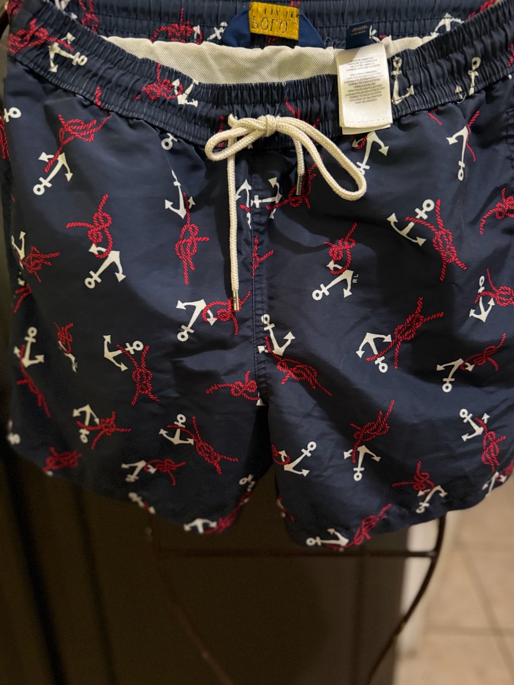 Ralph Lauren Navy Swim Trunks with Red & White Anchor Print Size Sm